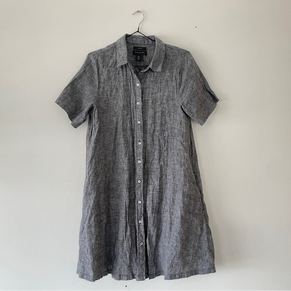 Tahari Heathered Grey Linen Button Front Shirt Dress Women’s Large